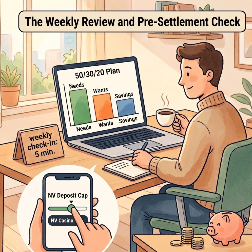 Weekly budget check-in and 50/30/20 plan infographic